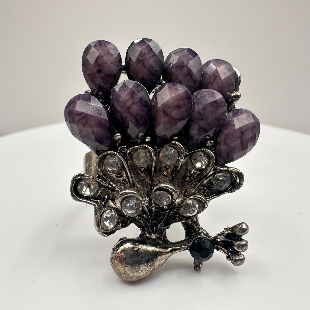 Vintage 90s Peacock Rhinestone Ring Purple Faux Stone Silver Tone Adjustable